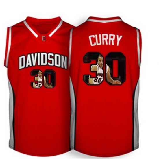 Davidson Wildcat 30 Stephen Curry Red With Portrait Print College Basketball Jersey